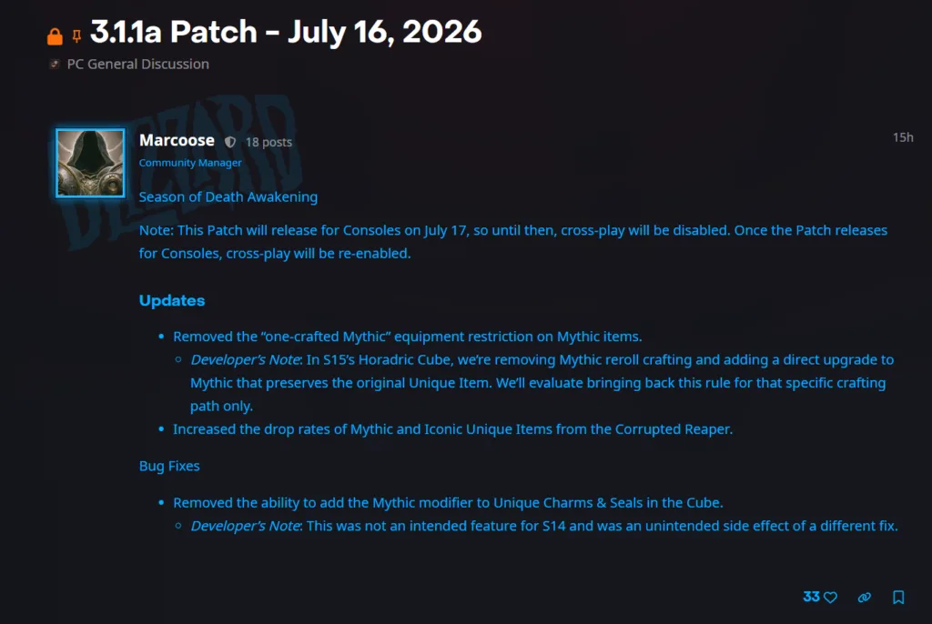 Diablo IV patch 3.1.1a