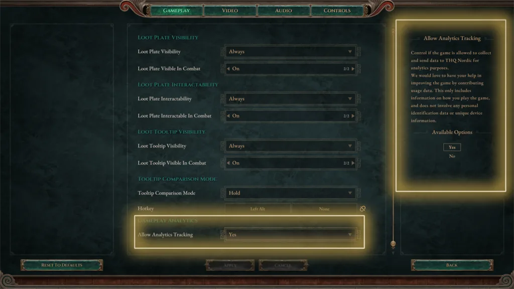 Titan Quest II Analytics Options